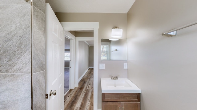 bathroom with vanity and hardwood / wood-style flooring