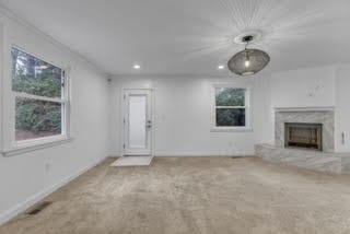 unfurnished living room with plenty of natural light and light carpet