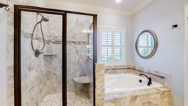 bathroom with ornamental molding and plus walk in shower