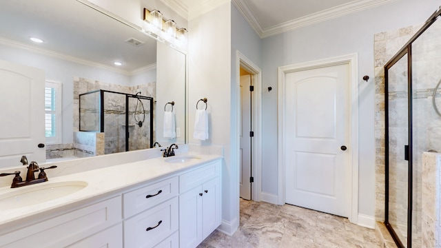 bathroom with crown molding, a shower with door, and vanity