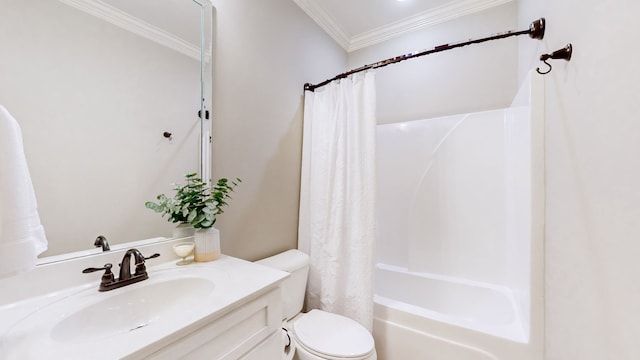 full bathroom featuring toilet, vanity, shower / bath combo, and ornamental molding