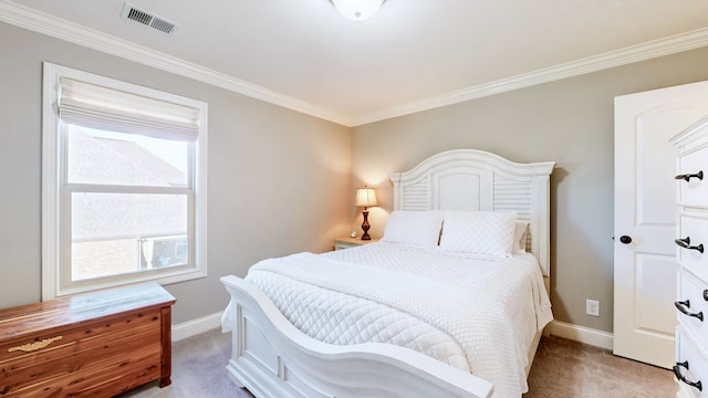 carpeted bedroom featuring ornamental molding