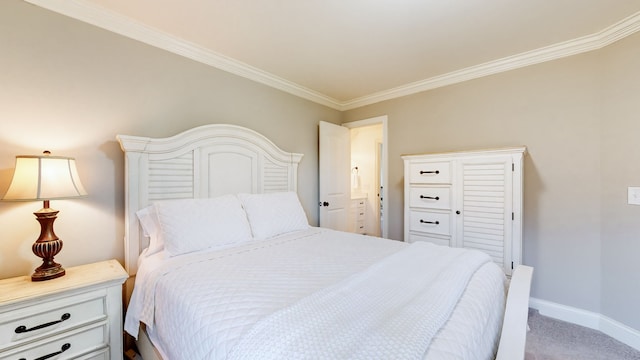 carpeted bedroom with crown molding