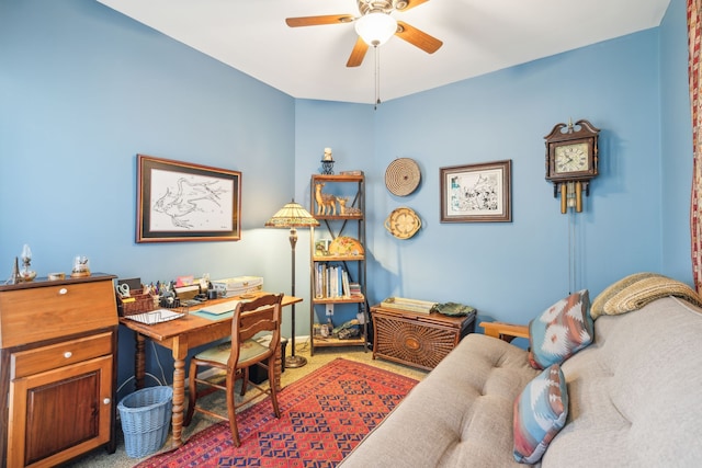 office featuring carpet flooring and ceiling fan