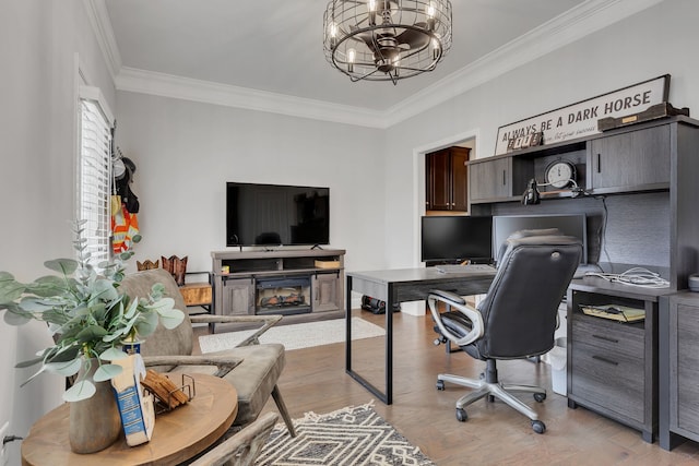 office space featuring ornamental molding, light hardwood / wood-style flooring, and a notable chandelier