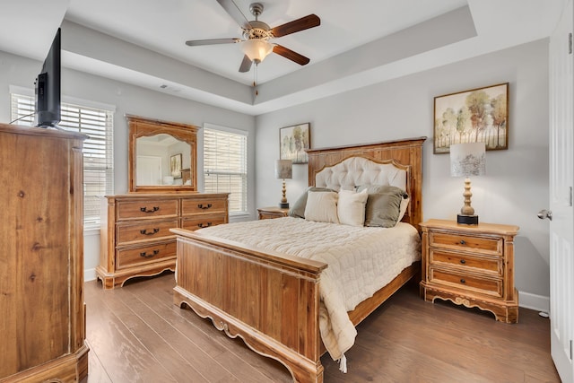 bedroom with a raised ceiling, multiple windows, ceiling fan, and dark hardwood / wood-style flooring