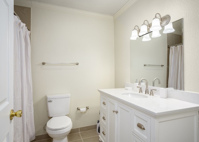 bathroom with crown molding, tile patterned flooring, vanity, and toilet