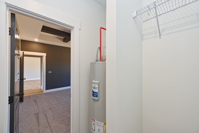 interior space with carpet and electric water heater