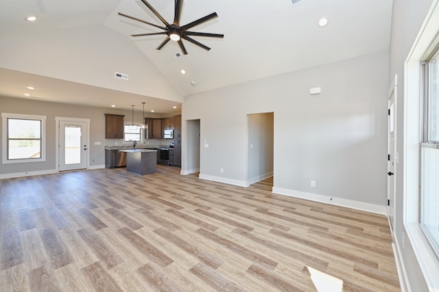 unfurnished living room featuring light hardwood / wood-style floors, high vaulted ceiling, ceiling fan, and sink