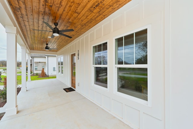 view of patio / terrace featuring ceiling fan and a porch