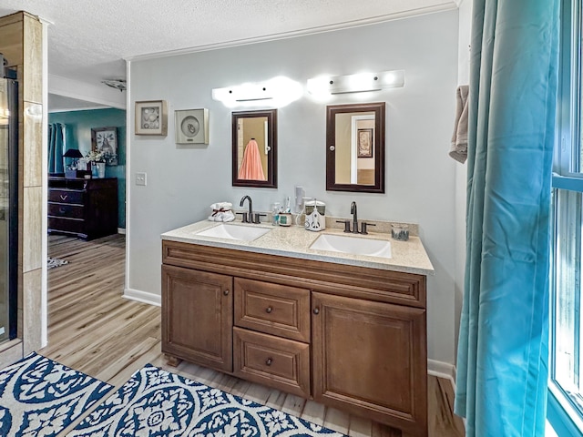 bathroom featuring a textured ceiling, double vanity, wood finished floors, and a sink