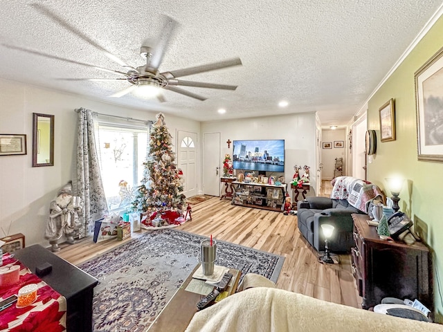 living area with a textured ceiling, wood finished floors, and a ceiling fan