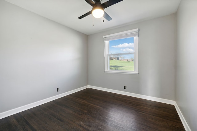 empty room featuring ceiling fan and dark wood-type flooring