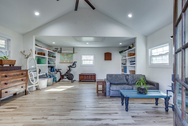 interior space with high vaulted ceiling and light hardwood / wood-style floors