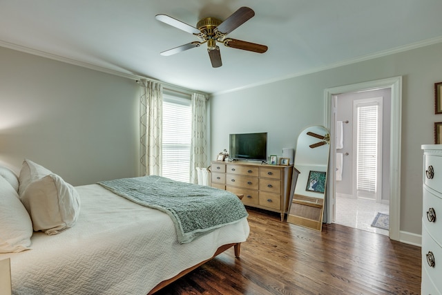 bedroom featuring dark hardwood / wood-style floors, ceiling fan, and crown molding