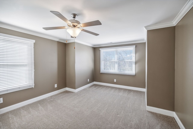 carpeted empty room featuring ceiling fan and ornamental molding