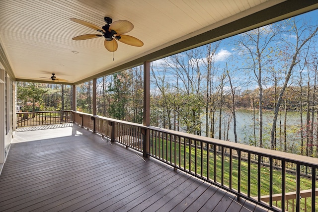 wooden terrace featuring a water view and ceiling fan