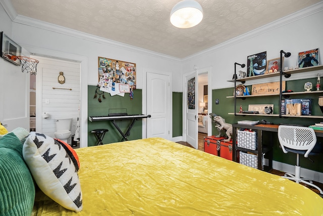 bedroom with connected bathroom, crown molding, and a textured ceiling