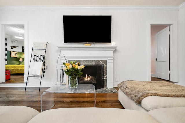 living room with a high end fireplace, dark hardwood / wood-style flooring, and ornamental molding