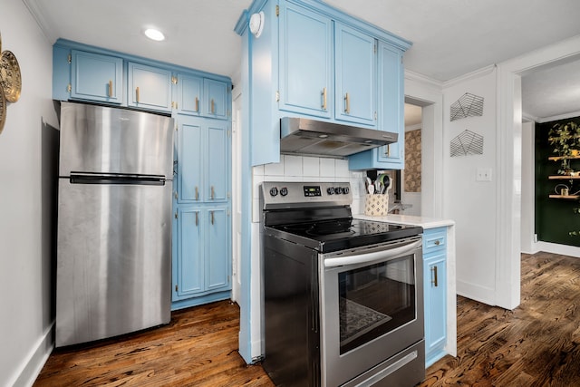 kitchen featuring blue cabinetry, dark hardwood / wood-style flooring, and stainless steel appliances