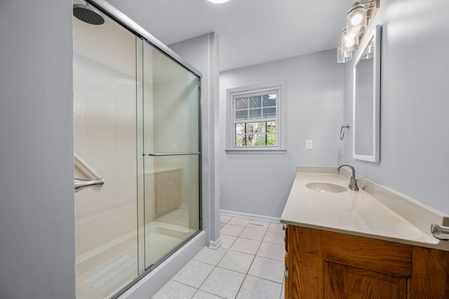 bathroom featuring tile patterned flooring, vanity, and walk in shower