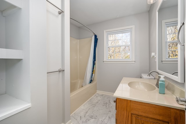 bathroom with shower / tub combo with curtain and vanity