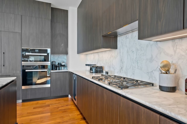 kitchen featuring appliances with stainless steel finishes, light wood-type flooring, ventilation hood, and backsplash