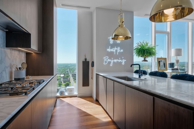 kitchen featuring a healthy amount of sunlight, light stone counters, and sink