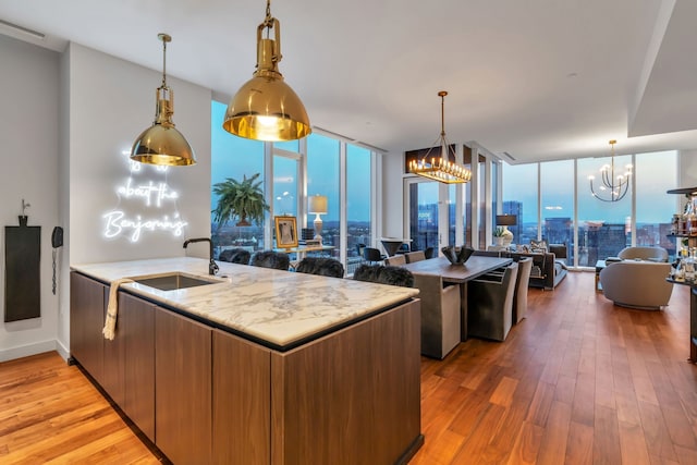 kitchen with hardwood / wood-style floors, a healthy amount of sunlight, a wall of windows, and sink