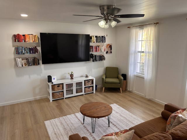 living room with ceiling fan and light wood-type flooring