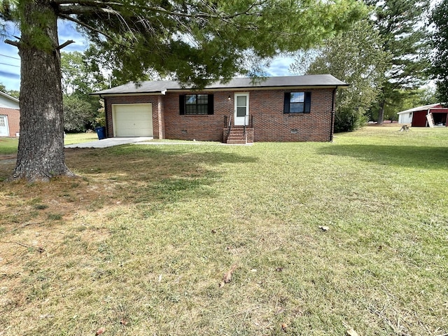 single story home with a garage and a front lawn