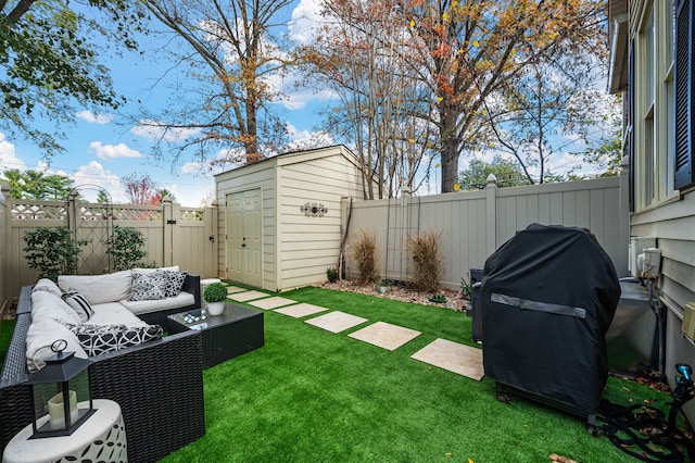 view of yard with a storage unit and an outdoor hangout area