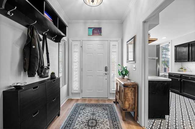 mudroom featuring light hardwood / wood-style floors and crown molding