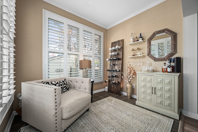 sitting room with dark hardwood / wood-style flooring and ornamental molding