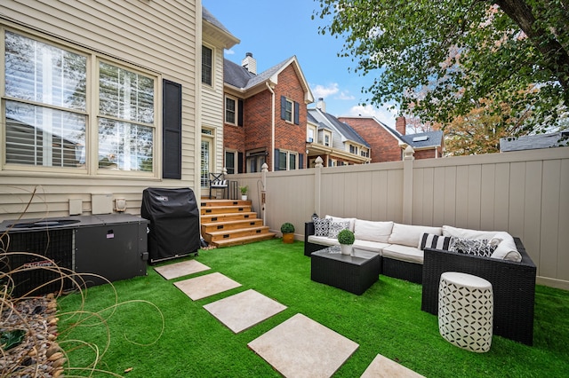 view of yard with outdoor lounge area and cooling unit