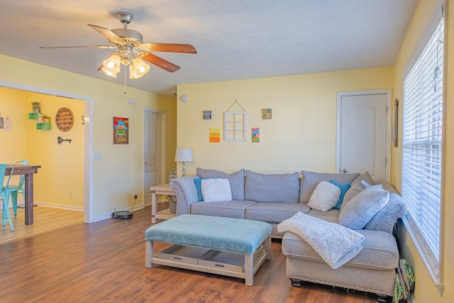 living room with ceiling fan and wood-type flooring