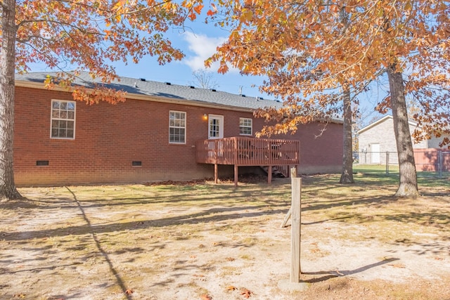 353 Oak Hollow Rd, Manchester, TN 37355 - rear view of property featuring crawl space, a wooden deck, brick siding, and a shingled roof