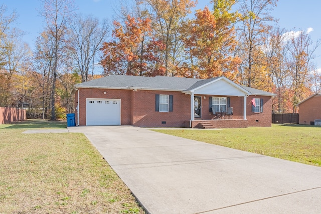 ranch-style home with a porch, a garage, and a front lawn