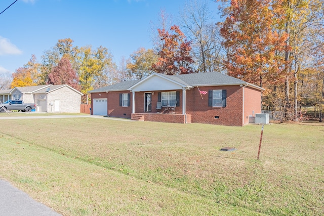 ranch-style house with central AC, a front lawn, covered porch, and a garage