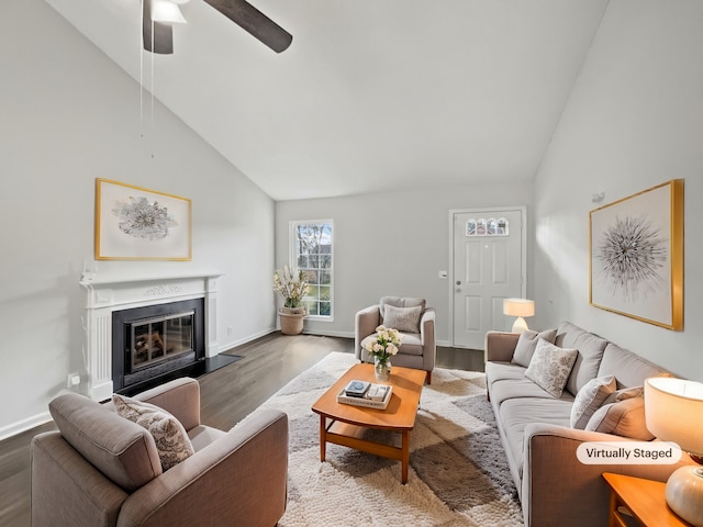 living room with ceiling fan, high vaulted ceiling, and wood-type flooring