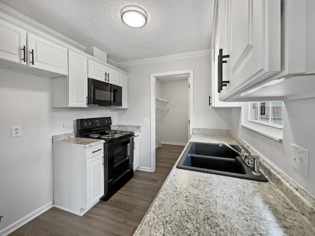 kitchen with sink, crown molding, a textured ceiling, white cabinets, and black appliances