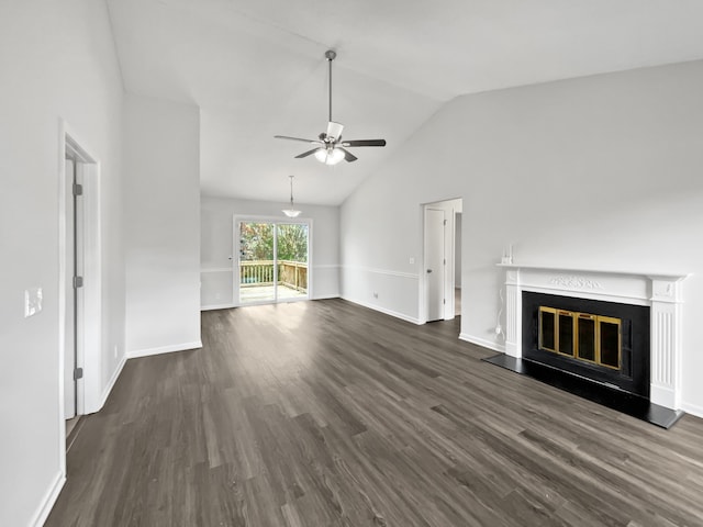 unfurnished living room with dark hardwood / wood-style flooring, high vaulted ceiling, and ceiling fan