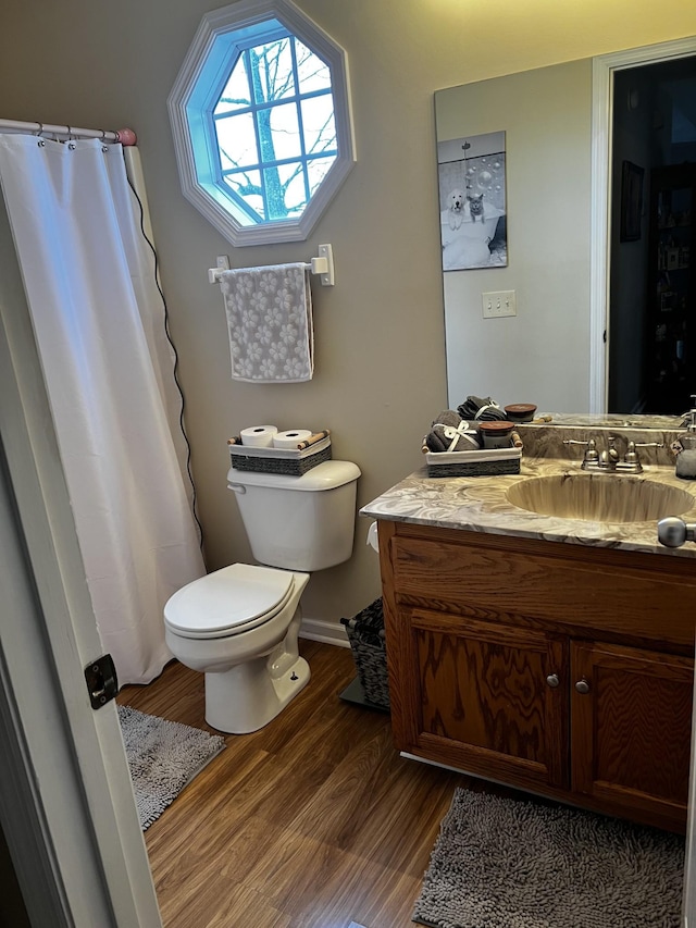 bathroom with vanity, hardwood / wood-style flooring, and toilet