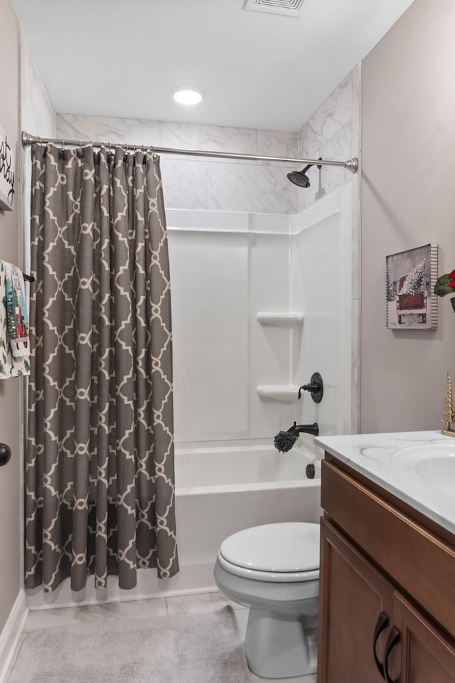 full bathroom with vanity, toilet, and shower / tub combo with curtain