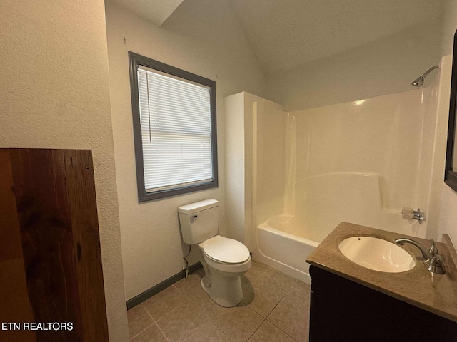 full bathroom featuring tile patterned flooring, vaulted ceiling, toilet, shower / tub combination, and vanity