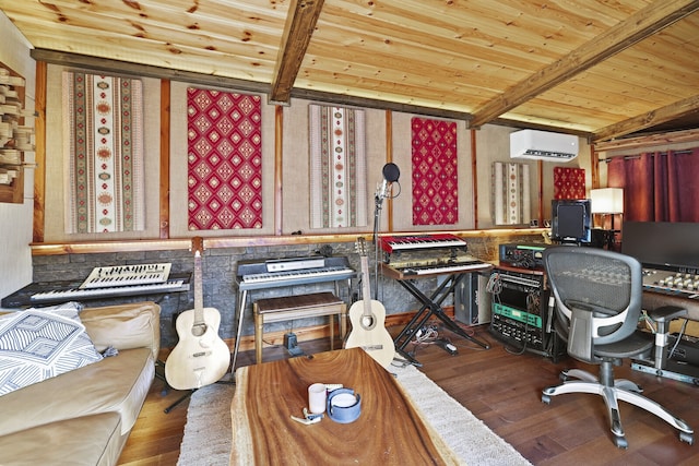 office area featuring beam ceiling, wood-type flooring, wood ceiling, and an AC wall unit