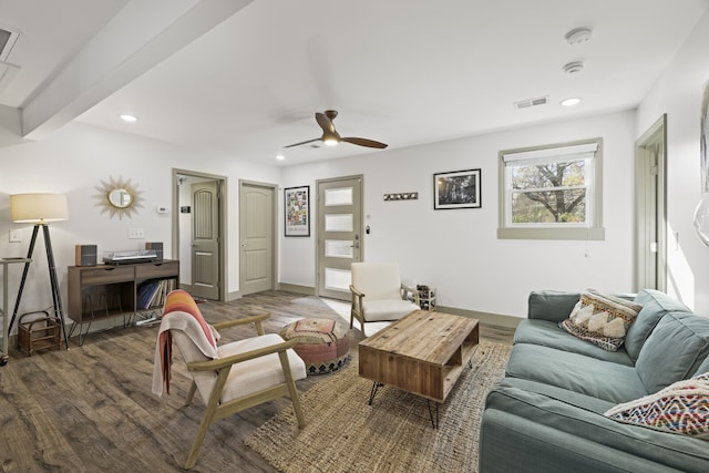 living room with beam ceiling, ceiling fan, and dark hardwood / wood-style flooring