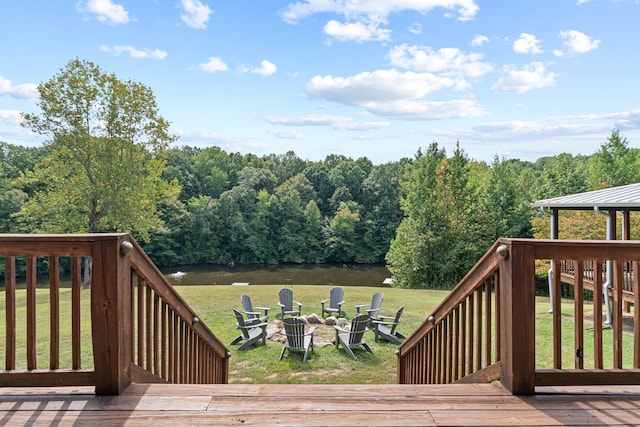 wooden terrace with a water view and a yard