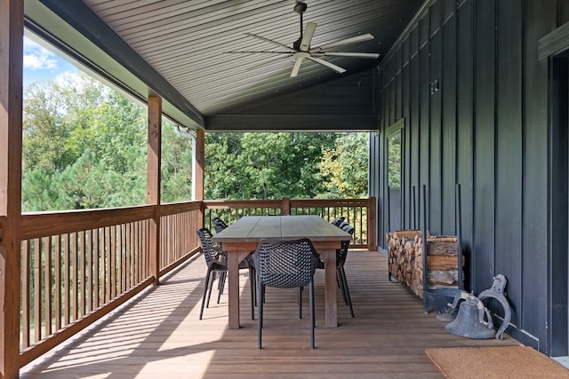 wooden terrace featuring ceiling fan