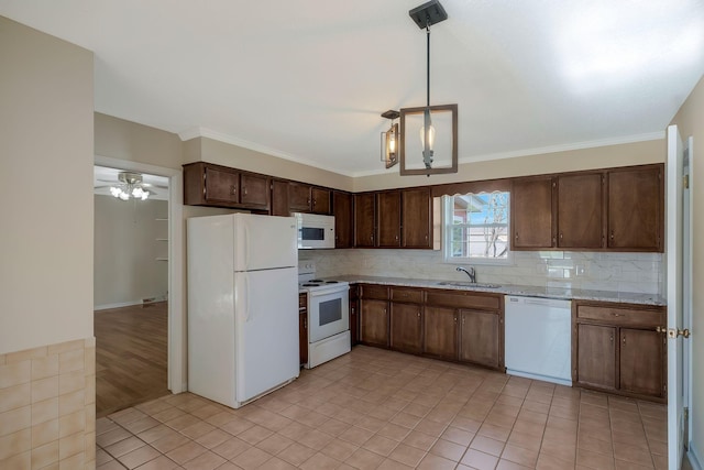 518 Hemingway Dr, Columbia, TN 38401 - kitchen with white appliances, tasteful backsplash, pendant lighting, light tile patterned flooring, and a ceiling fan